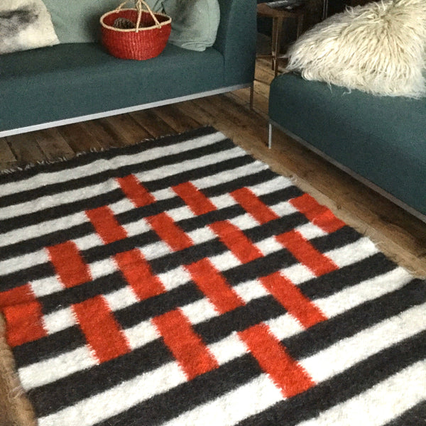 Red And Black Stripes Handwoven Sheep Wool Rug Custom Made