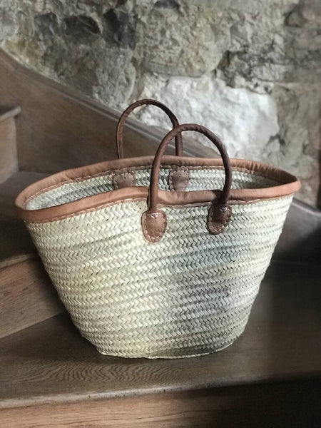 French Market Shopping Basket Leather Trim Long Leather Handles