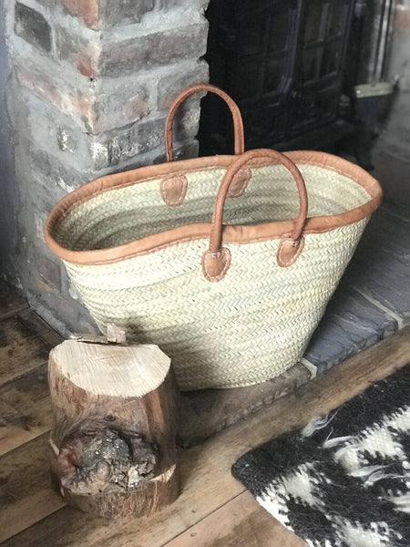 French Market Shopping Basket Leather Trim Long Leather Handles
