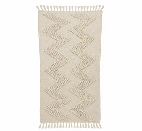 White ZigZag Rug Organic Sheep Wool Scandi Style. Handwoven
