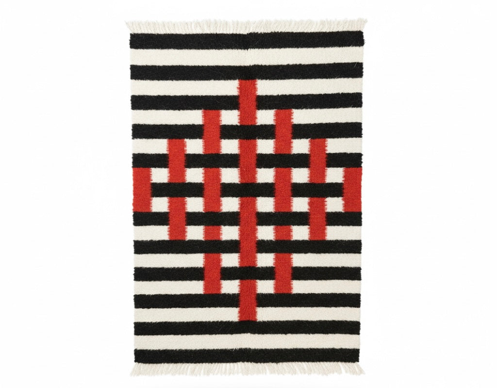 Red And Black Stripes Handwoven Sheep Wool Rug Custom Made
