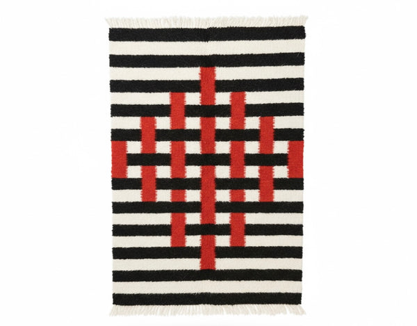 Red And Black Stripes Handwoven Sheep Wool Rug Custom Made